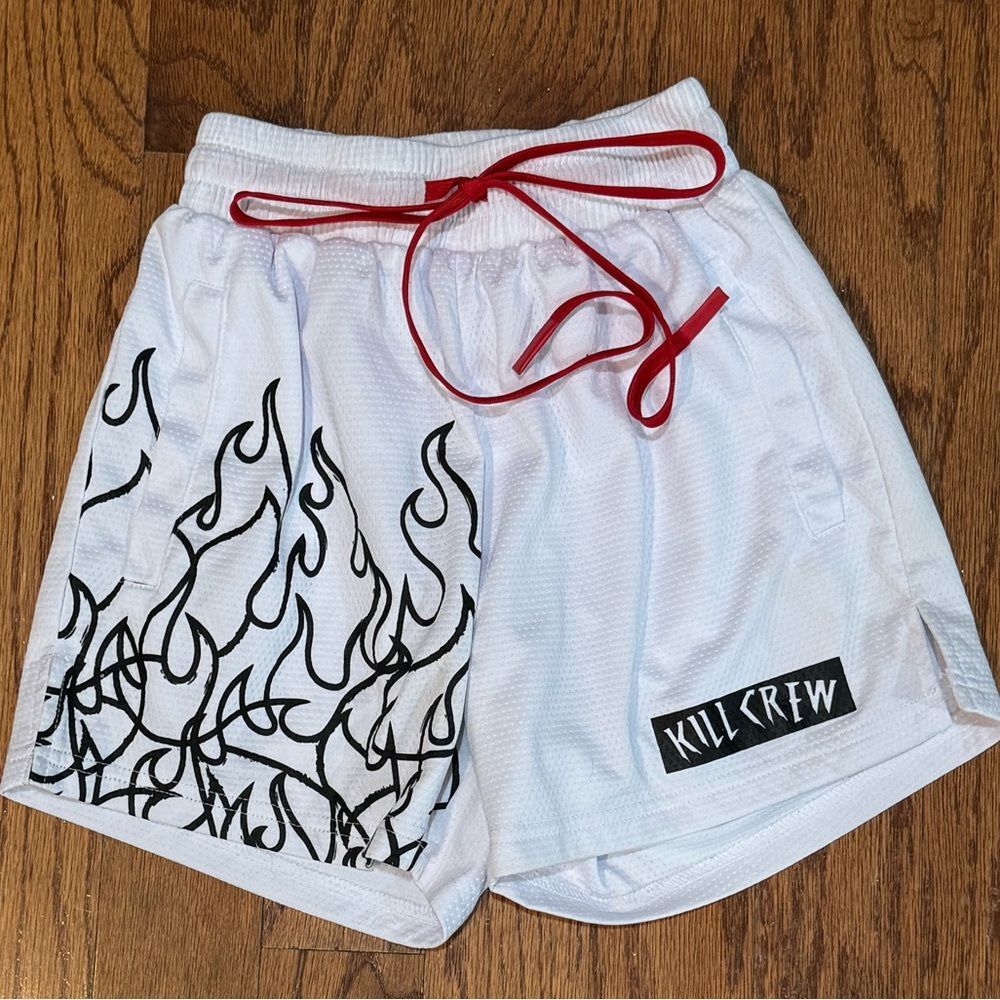 EUC KILL CREW UNISEX MUAY THAI FLAME SHORTS (MID THIGH CUT) - WHITE / BLACK XS